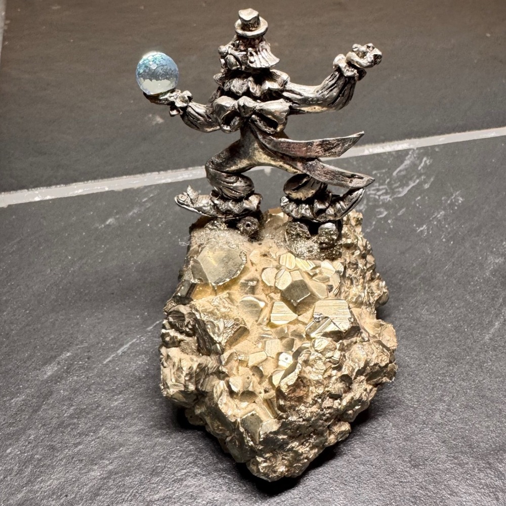 Vintage Pewter Clown Figurine on Pyrite Fools Gold Base with Blue Crystal Ball